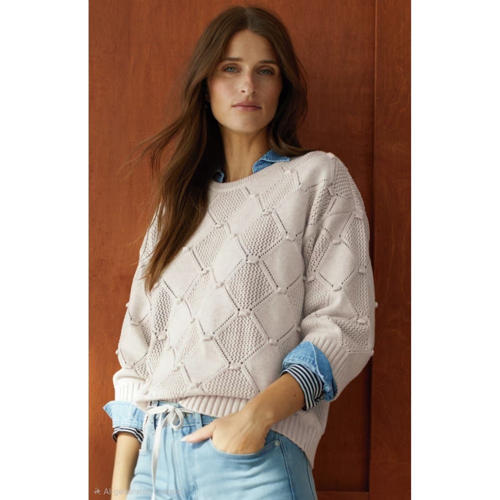 NEW J.Jill Diamond Patterned Textured Sweater Oatmeal Womens Size Medium w‎ TAGS